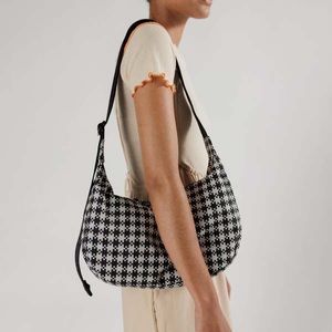 Medium Nylon Crescent Bag in Black/White Pixel Gingham